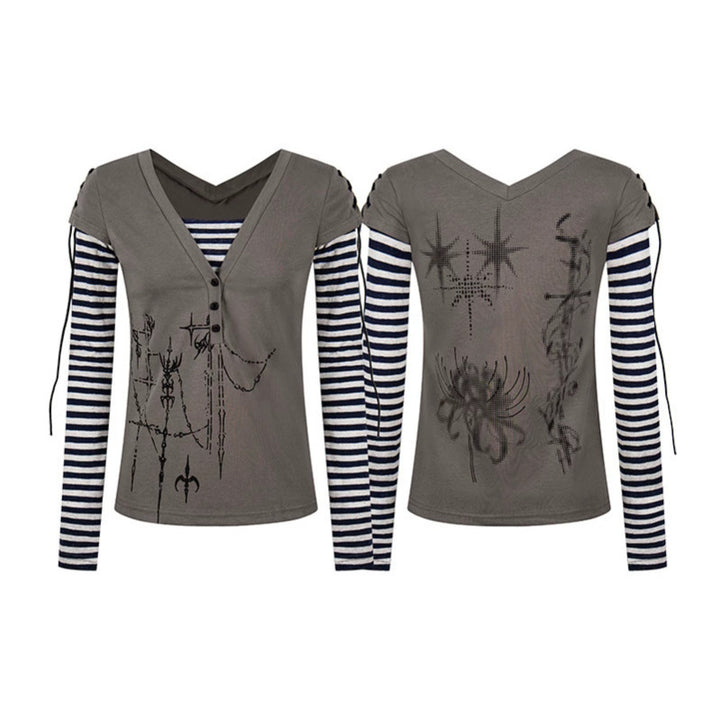 Women's Layered Long Sleeve Shirt with V-Neck, Striped Inner Layer and Lacing Detail Mune Fashion