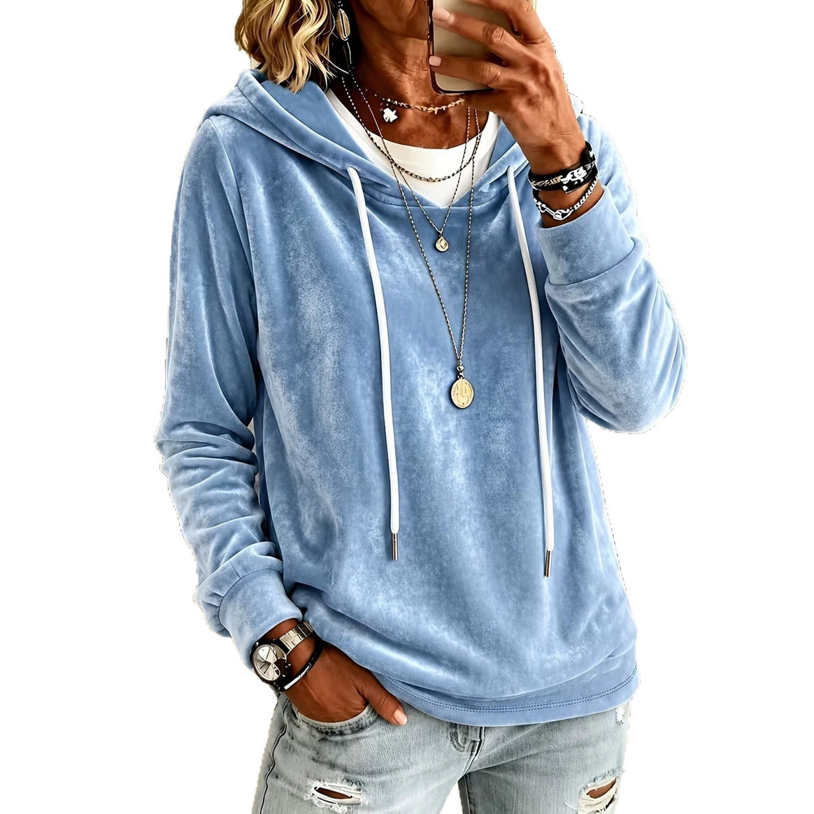 Women's Velvet Hooded Sweatshirt with Relaxed Fit and Drawstring Mune Fashion