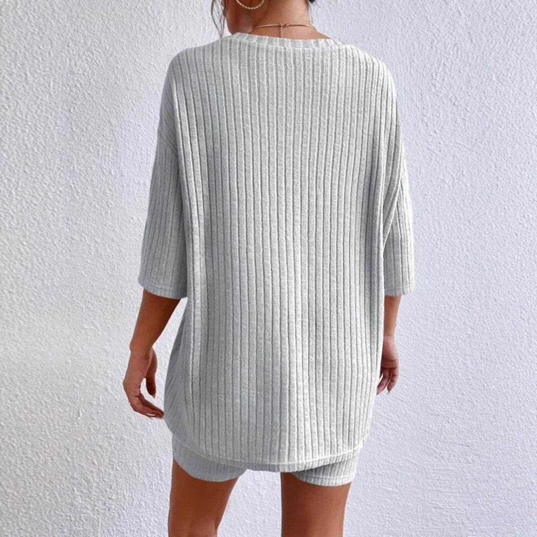 Women’s Casual Ribbed Knit Lounge Set with Oversized Short Sleeve Top and High Waist Biker Shorts Mune Fashion