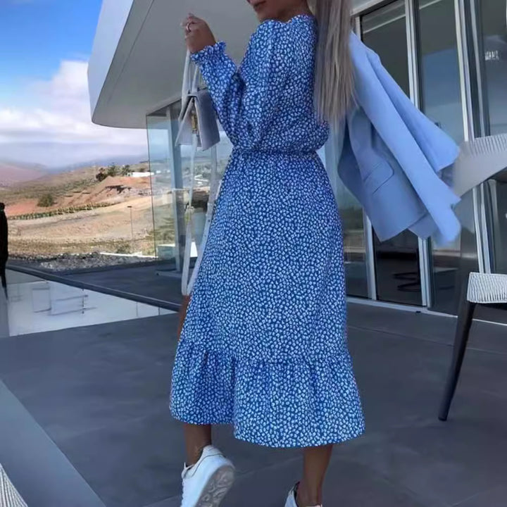 Women nan midi dress with V-neck gathered waist seam long sleeves flounce hem and side leg slit Mune Fashion