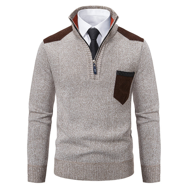 Men's fine knit half-zip pullover with stand-up collar, chest pocket and shoulder yoke Mune Fashion