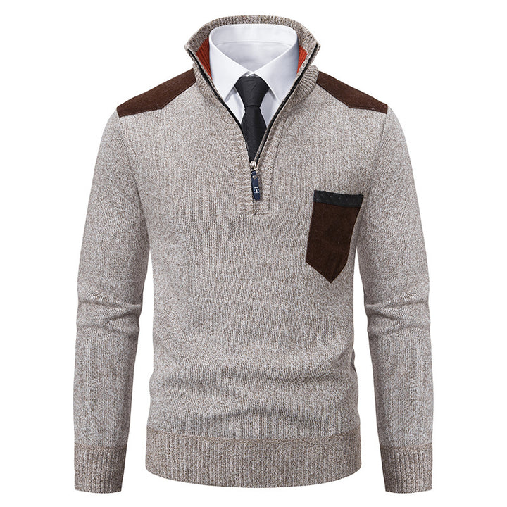 Men's fine knit half-zip pullover with stand-up collar, chest pocket and shoulder yoke Mune Fashion