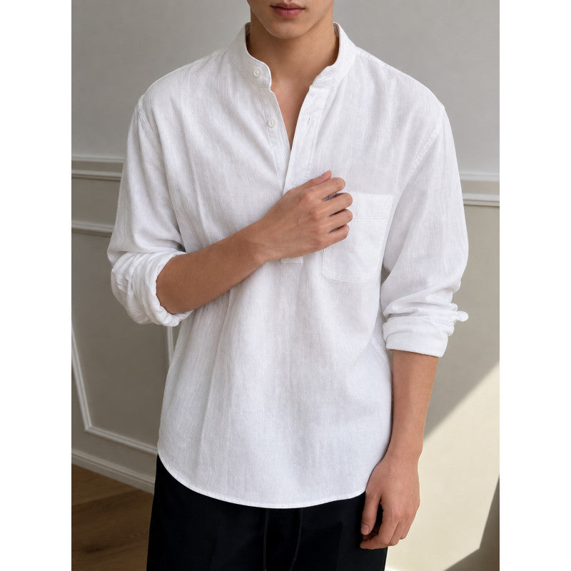 Men's shirt with Mandarin collar, half-button placket, and chest pocket Mune Fashion