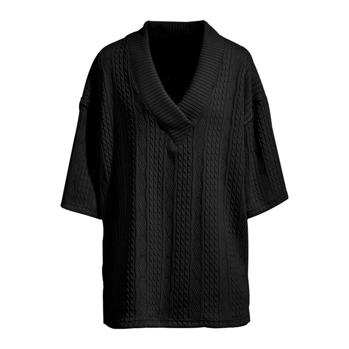Women's short-sleeve knitted sweater in a loose fit with deep V-neck and cable pattern Mune Fashion
