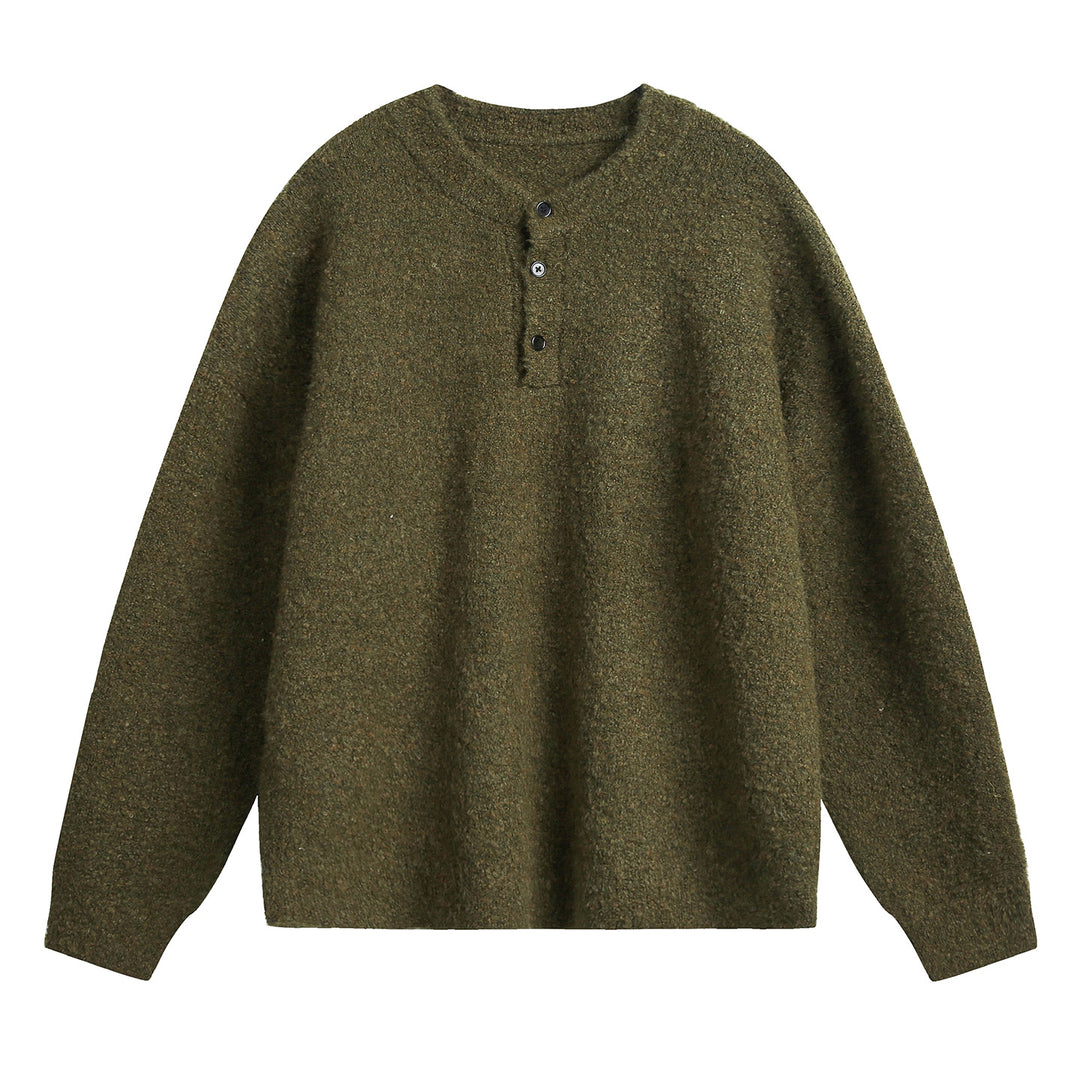 Unisex Chunky Knit Henley Sweater with Round Neck and Button Placket Mune Fashion