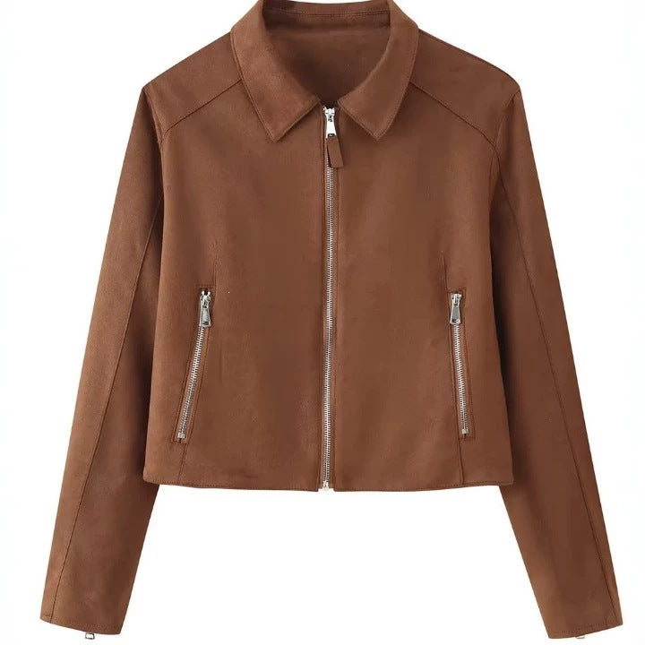 Women's Cropped Suede Jacket with Shirt Collar, Full Metal Zipper and Zipper Pockets Mune Fashion