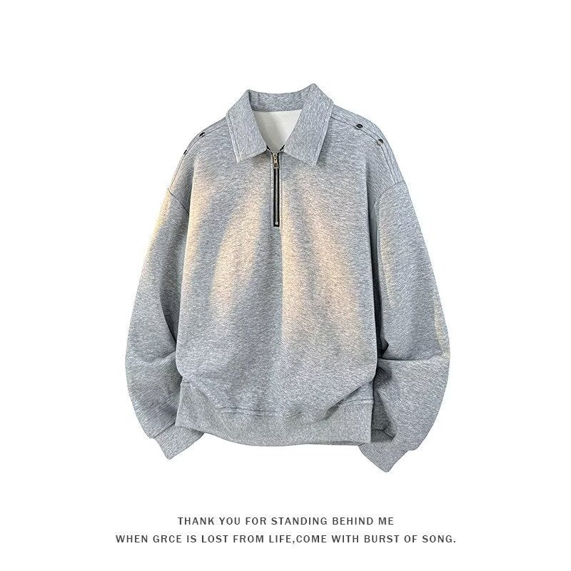 Men's Oversized Sweatshirt with Zip Collar and Snap Button Shoulder Detail Mune Fashion