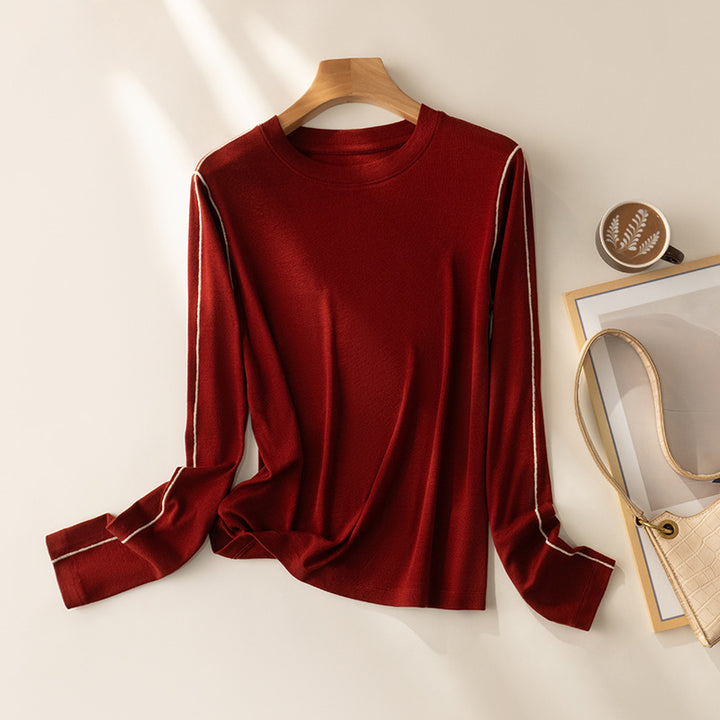 Women's Fine Long Sleeve Fine Knit Shirt with Contrast Piping on the Sleeves Mune Fashion