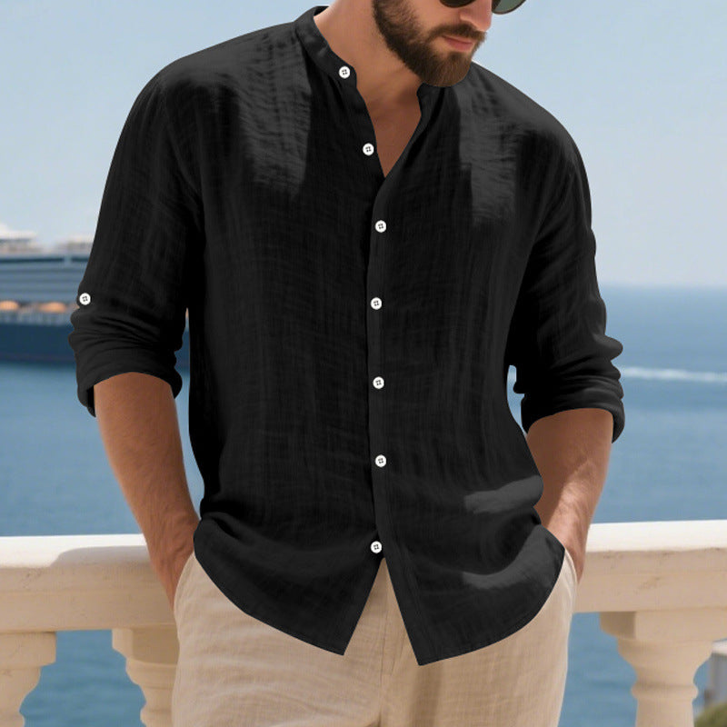 Men's relaxed long-sleeve shirt made of airy linen-cotton blend with Mandarin collar and rounded hem Mune Fashion
