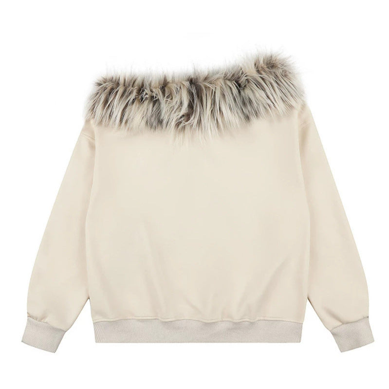 Women's hooded sweatshirt with removable faux fur collar and vintage print Mune Fashion