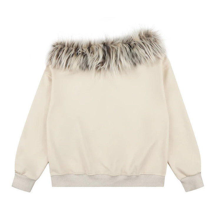 Women's hooded sweatshirt with removable faux fur collar and vintage print Mune Fashion