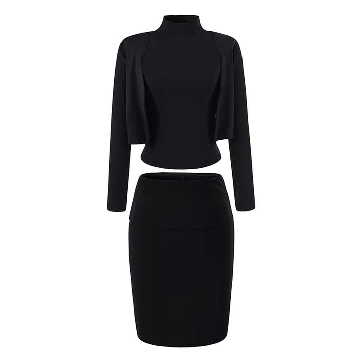 Ladies two-piece business knit set with turtleneck top, bolero, and pencil skirt Mune Fashion