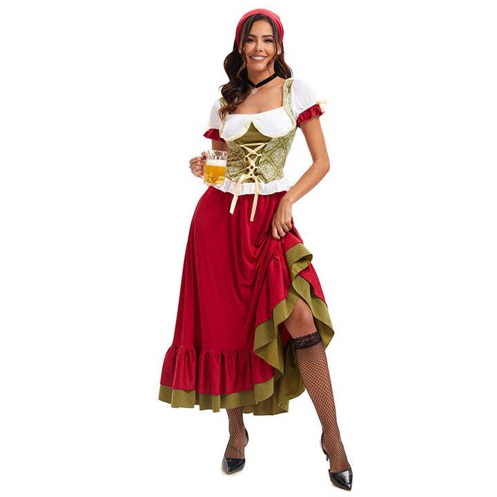 Ladies Bavarian Oktoberfest Beer Girl Costume with lace-up bodice puff sleeves and layered skirt Mune Fashion