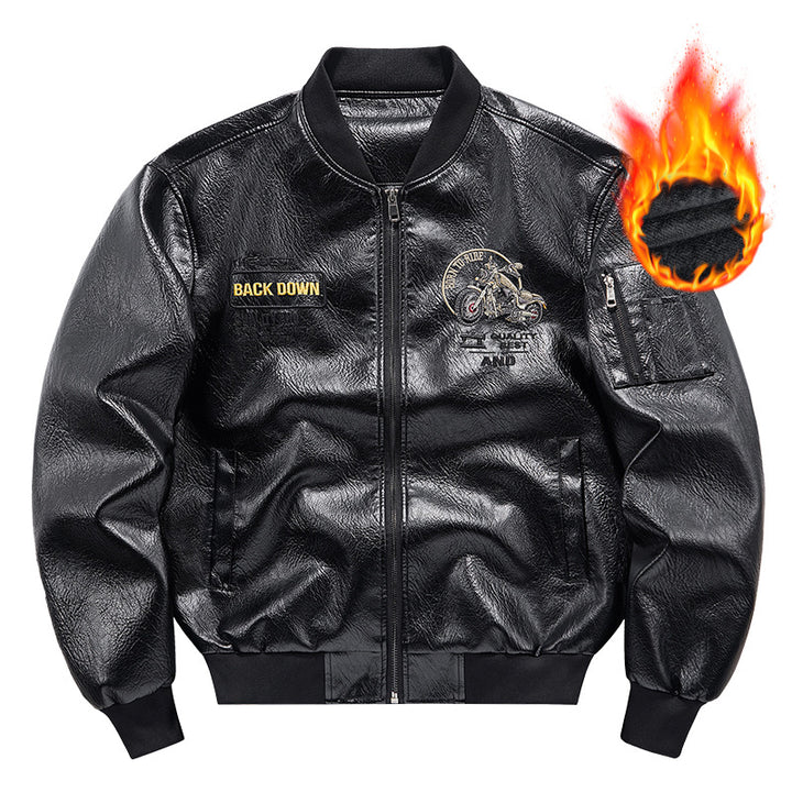 Men's Biker Leather Look Bomber Jacket with Embroidery Patches and Arm Pocket Mune Fashion