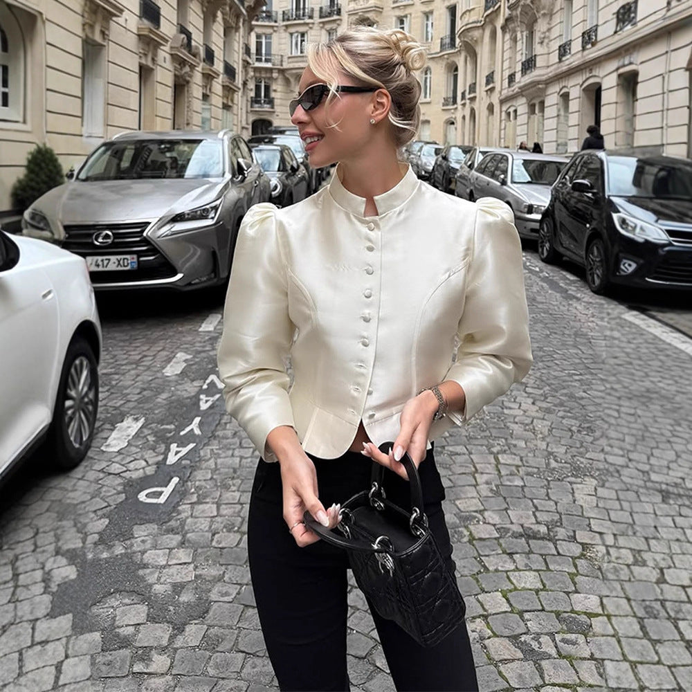 Women Tailored Satin Bolero Jacket with Stand-up Collar & Emphasized Puff Sleeves Mune Fashion