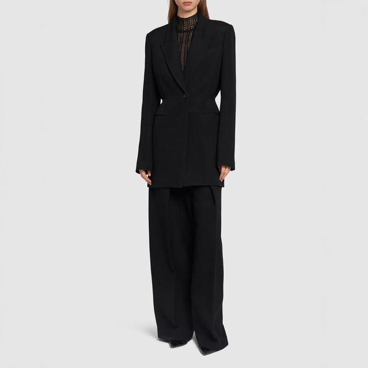 Women Single-Breasted Long Blazer with Tailored Silhouette and Wide Palazzo Pants Mune Fashion
