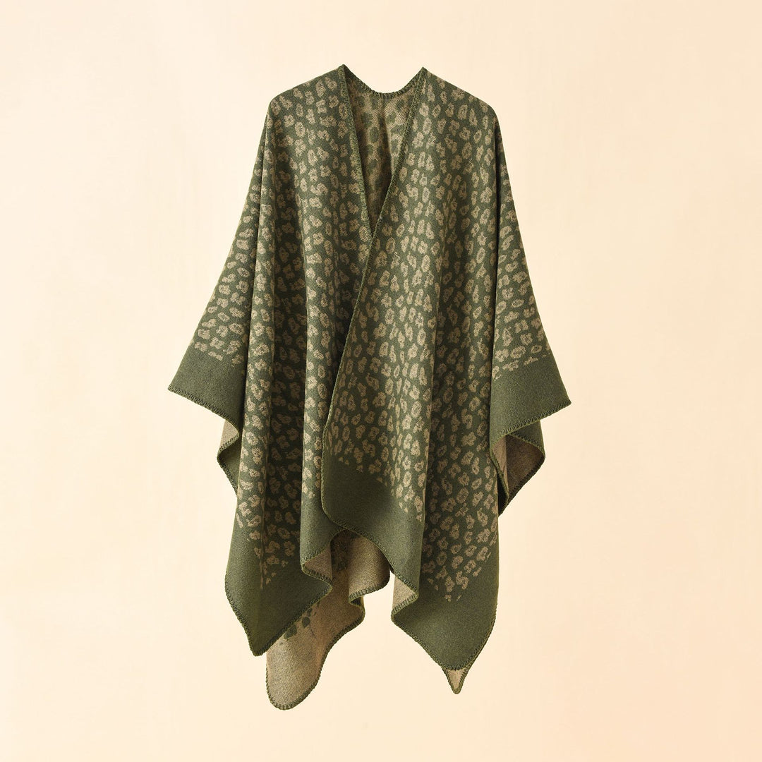 Women Wool Blend Ruana with tonal leopard jacquard and boxy kimono drape