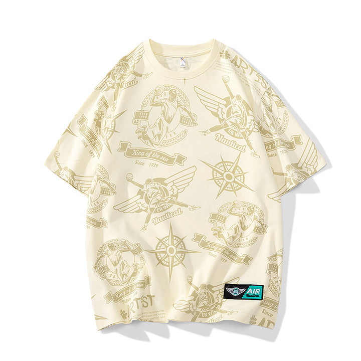 Men's Oversize Print T-Shirt with Allover Nautical Logos and Crew Neck Mune Fashion