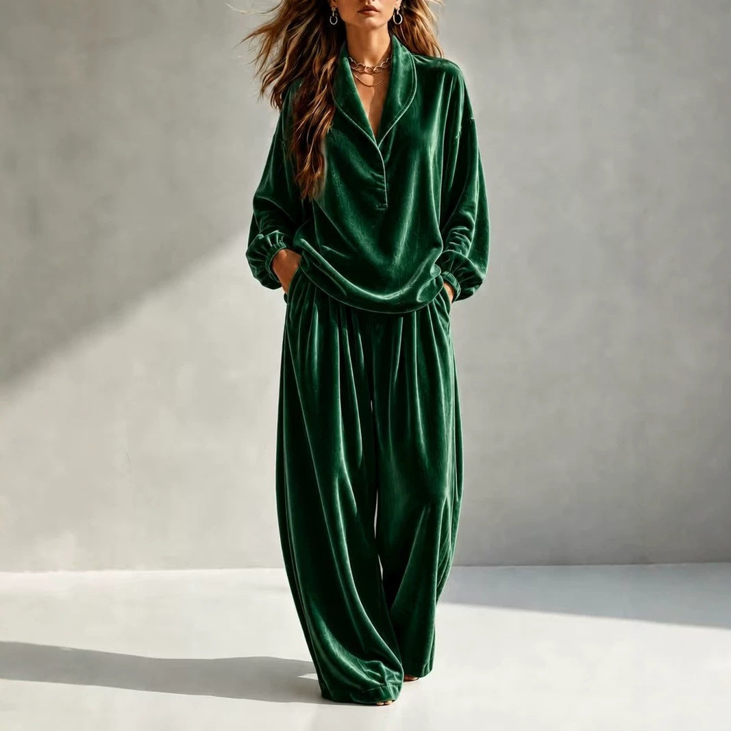 Women's Luxurious Velour Loungewear Set with Shawl Collar and Wide Palazzo Pants Mune Fashion