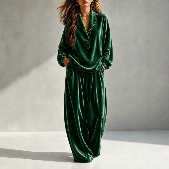 Women's Luxurious Velour Loungewear Set with Shawl Collar and Wide Palazzo Pants Mune Fashion