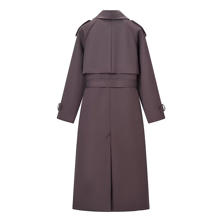 Women's Longer Tailored Trench Coat with Tie Belt and Double Row Mune Fashion
