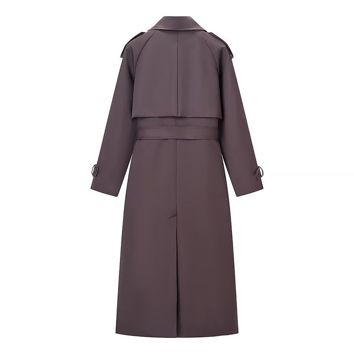 Women's Longer Tailored Trench Coat with Tie Belt and Double Row Mune Fashion