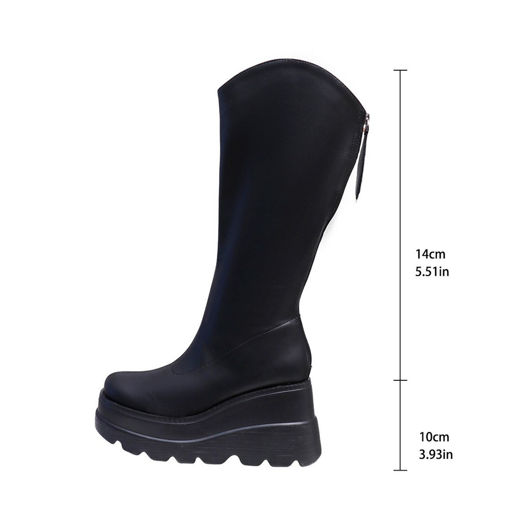 Women's Knee-High Platform Boots with Thick Lug Sole, Hidden Wedge Sole and Side Zipper Mune Fashion