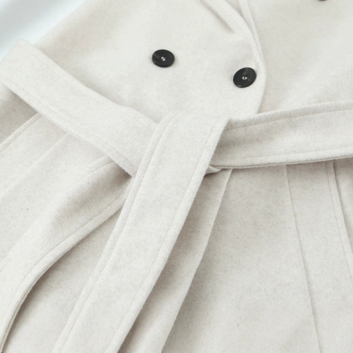 Women's Longer Tailored Coat with Hood, Tie Belt and Double-Breasted Button Placket Mune Fashion