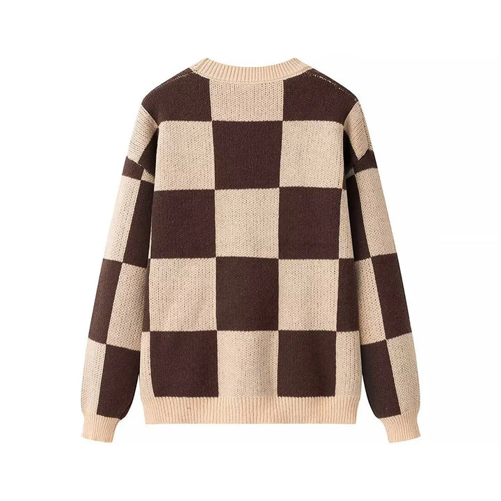 Ladies oversized knitted sweater with checkerboard pattern, ribbed hem and round neck Mune Fashion