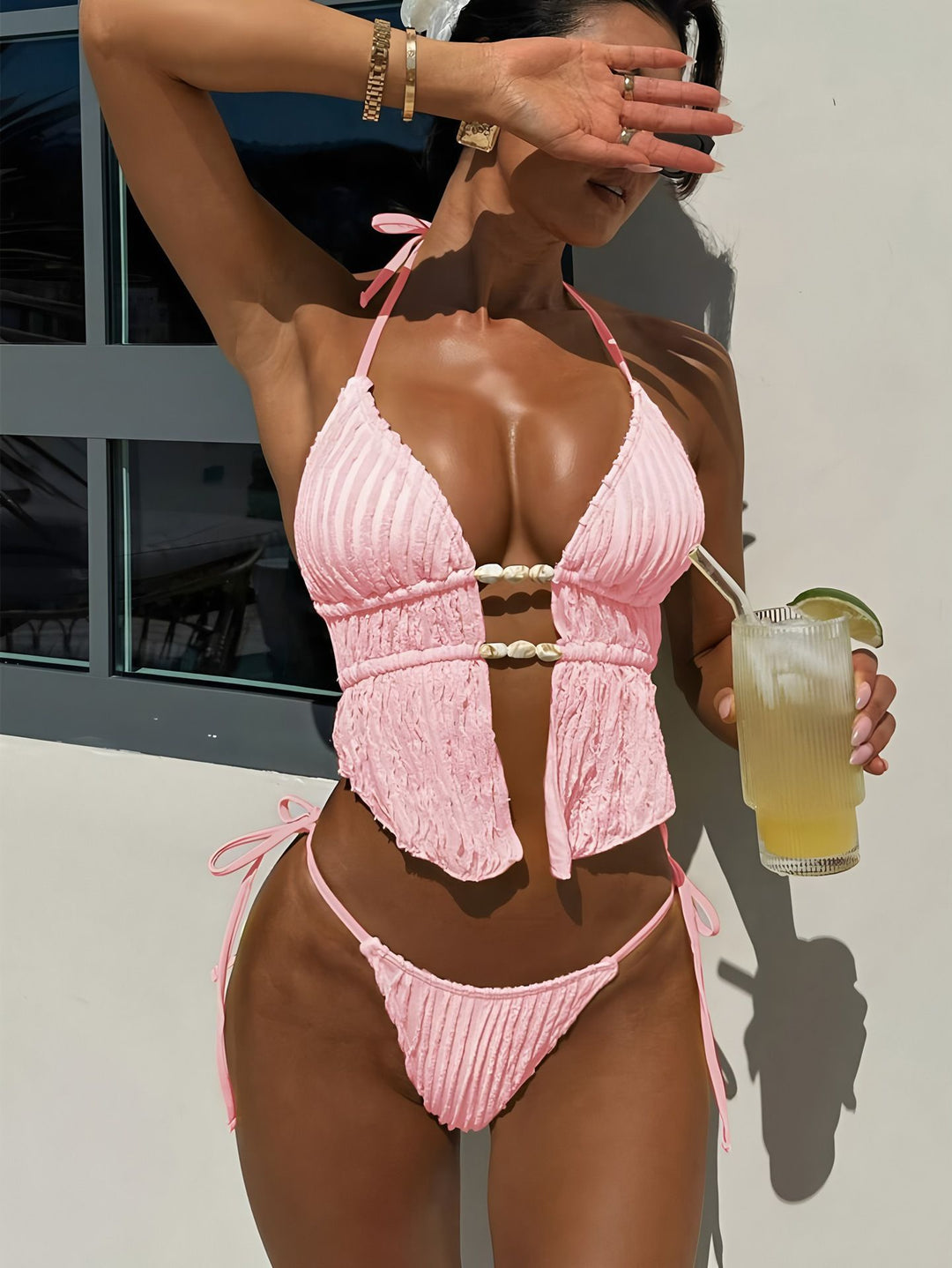 Ladies Ruffle Bikini with Pearl Accents Mune Fashion