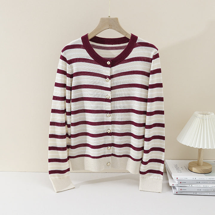 Women Lightweight Striped Cardigan made of Cotton Blend with Pearl Snap Buttons and Ribbed Cuffs Mune Fashion