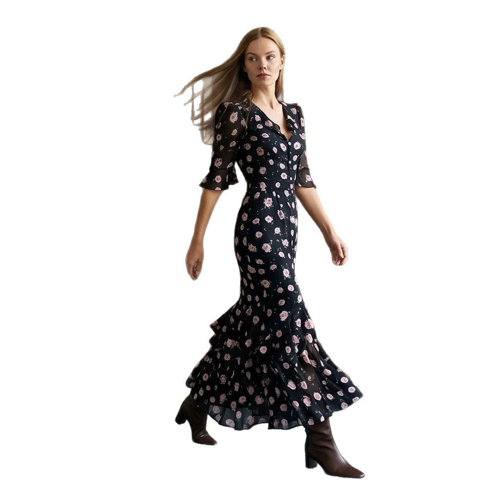 Women Tailored Chiffon Midi Dress with V-Neck, Three-Quarter Sleeves and Tiered Ruffles