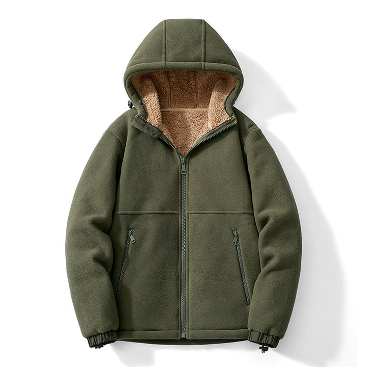 Men's fleece hooded jacket with teddy lining, zippered pockets, and adjustable hem Mune Fashion