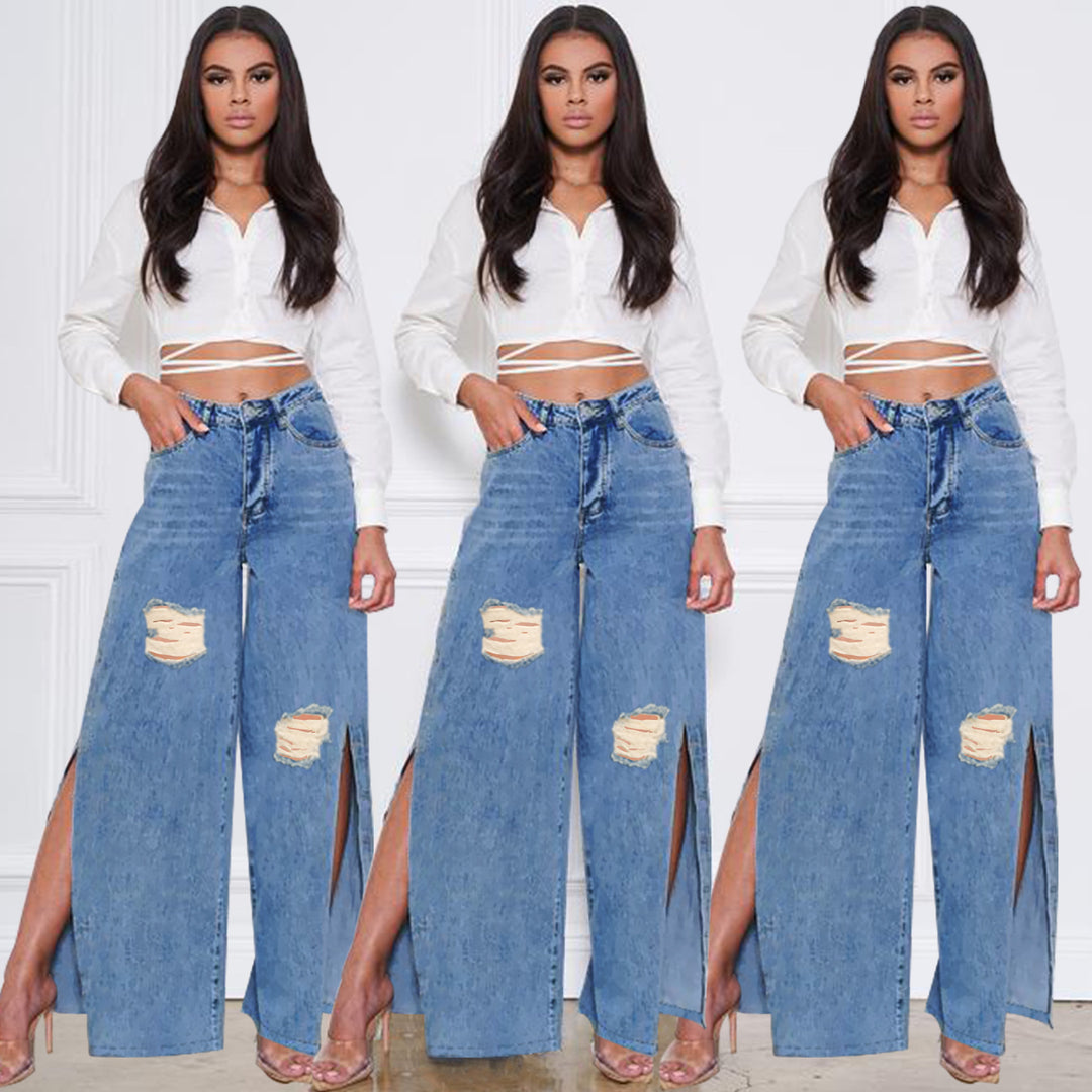 Women's high-cut jeans with wide leg, knee rips, and side leg slits Mune Fashion
