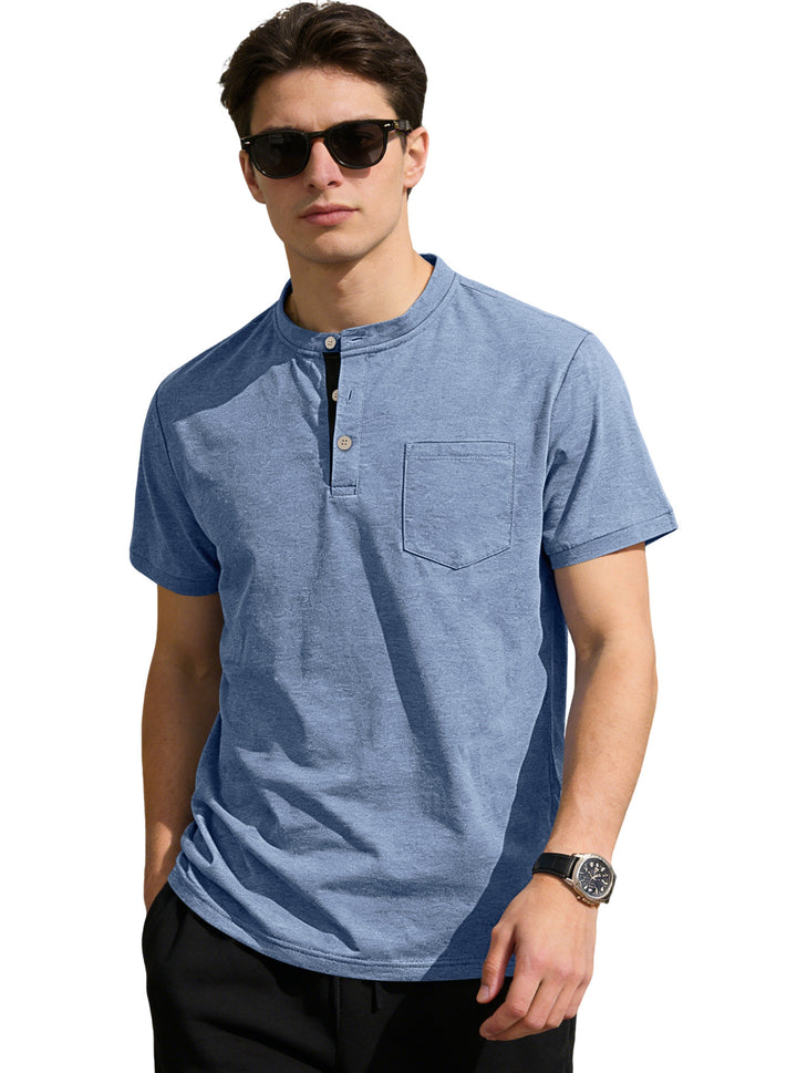 Men's structured cotton henley shirt with short stand-up collar button placket and chest pocket Mune Fashion