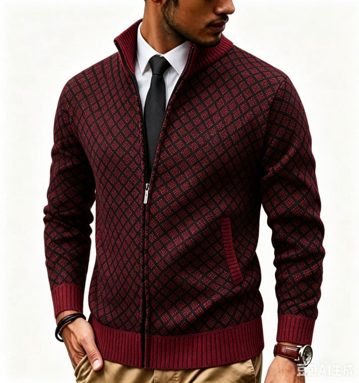 Men's Structured Cardigan with Stand-up Collar and Diamond Jacquard Mune Fashion