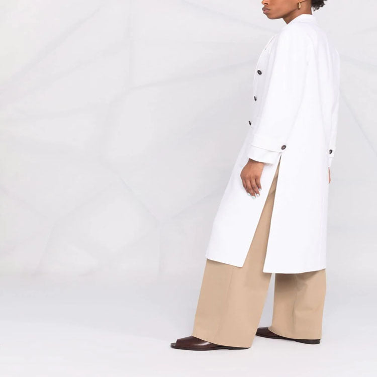 Women Double-breasted Midi Coat in Modern Tailoring with Extended Lapels and Patch Pockets Mune Fashion