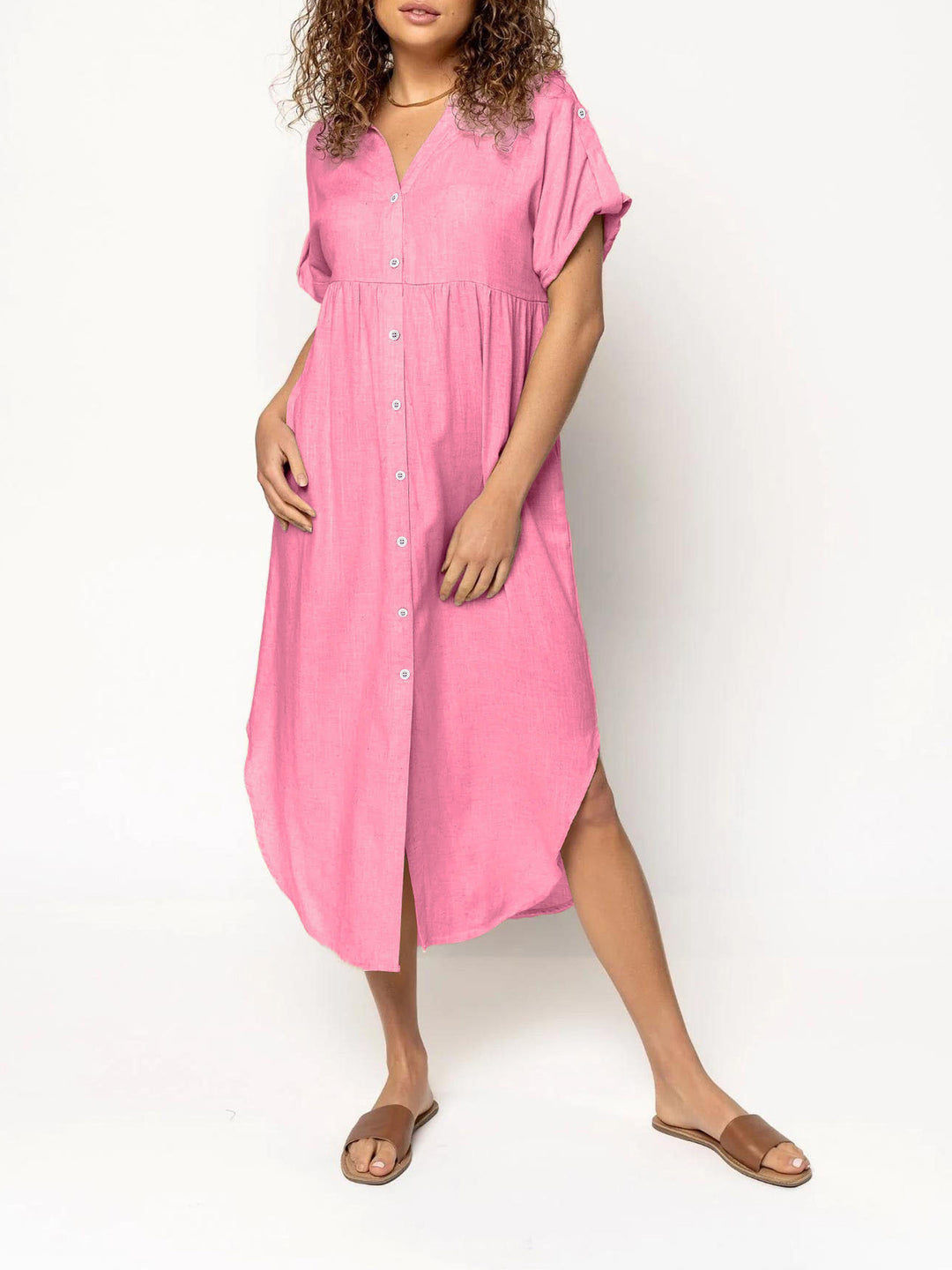 Ladies mid dress with button placket, V-neck and casual babydoll fit Mune Fashion