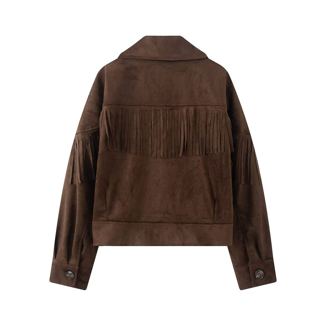 Women's short jacket in suede look with fringe trim and shirt collar Mune Fashion