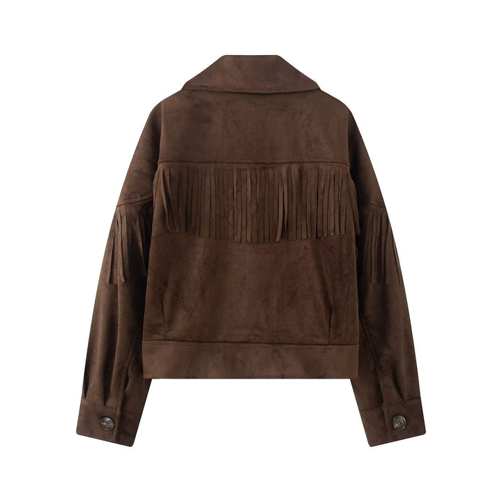 Women's short jacket in suede look with fringe trim and shirt collar Mune Fashion