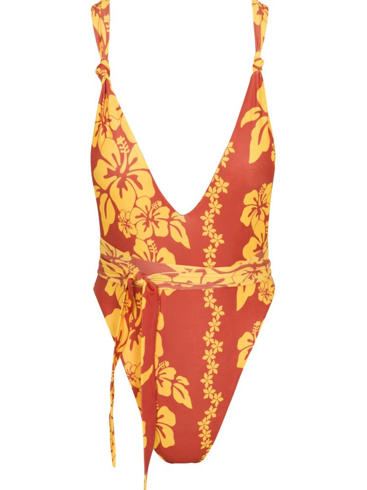 Women's one-piece swimsuit with deep V-neckline and floral design Mune Fashion