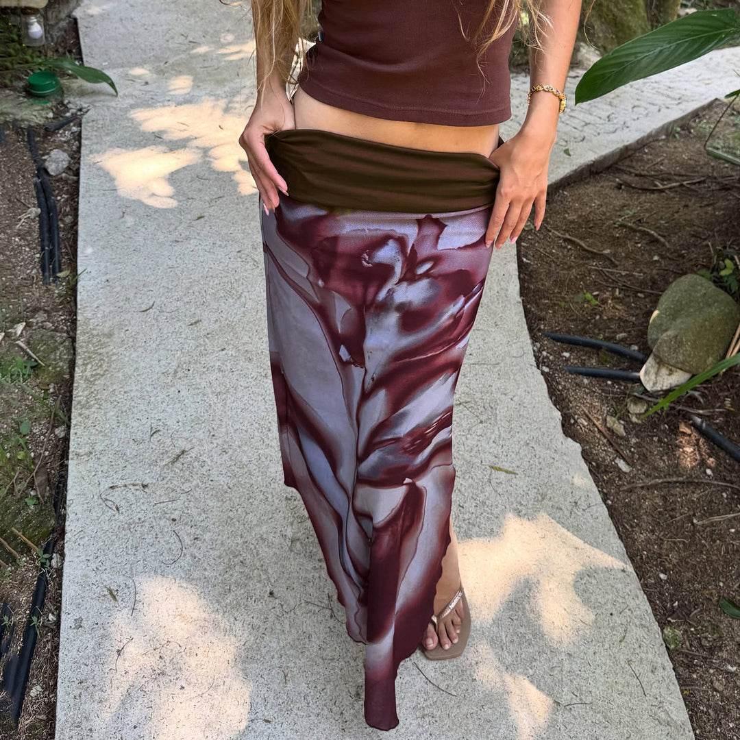 Women Asymmetrical Layered Chiffon Maxi Skirt with Folded Waistband and Watercolor Print Mune Fashion