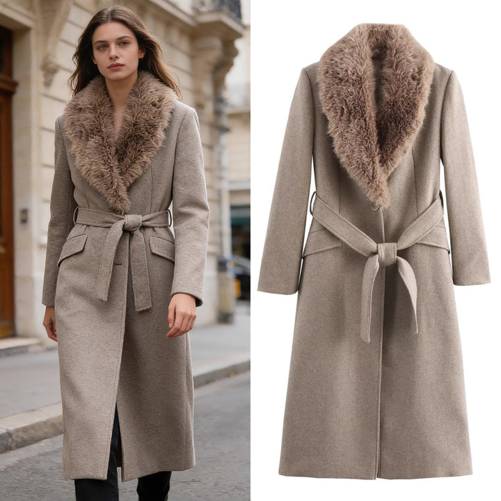 Women's wool coat with removable faux fur shawl collar and belted waist Mune Fashion
