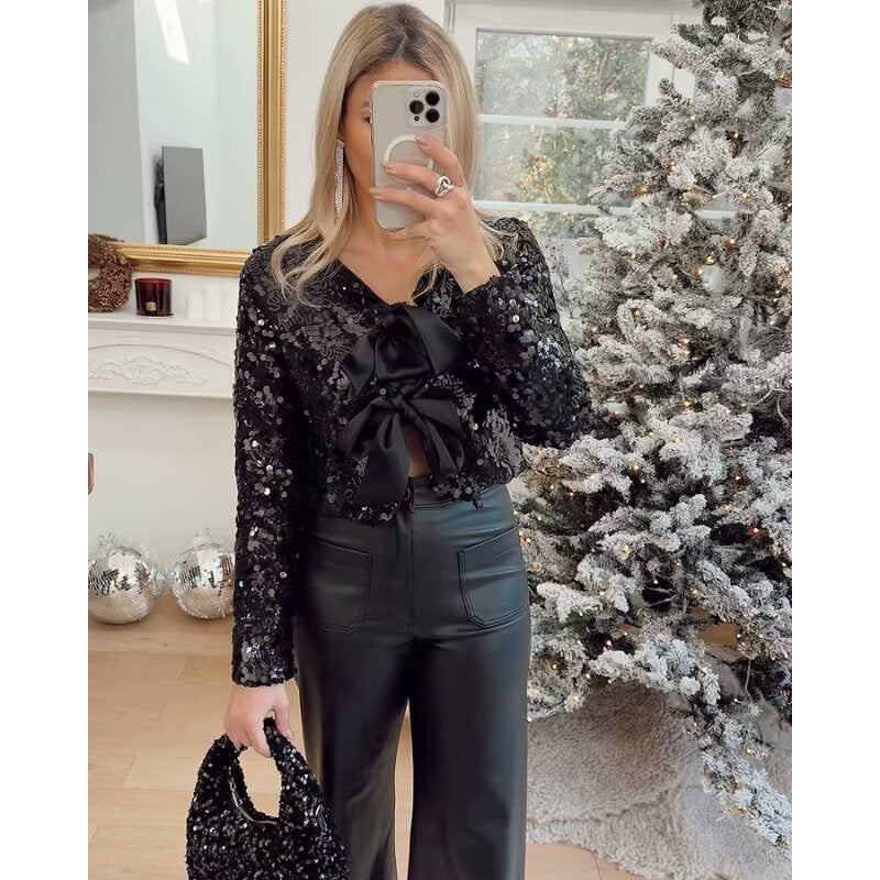 Women’s Short Cut Sequin Bolero Jacket with Triple Satin Bows and Lined Interior Mune Fashion