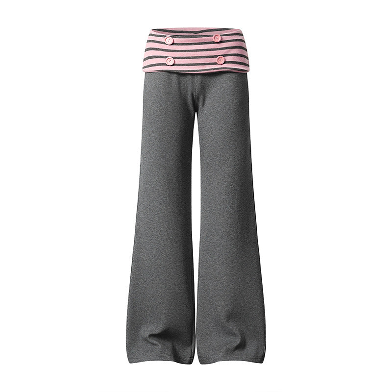 Women's Wide Loungewear Pants with Cuffable Striped Waistband and Decorative Buttons Mune Fashion
