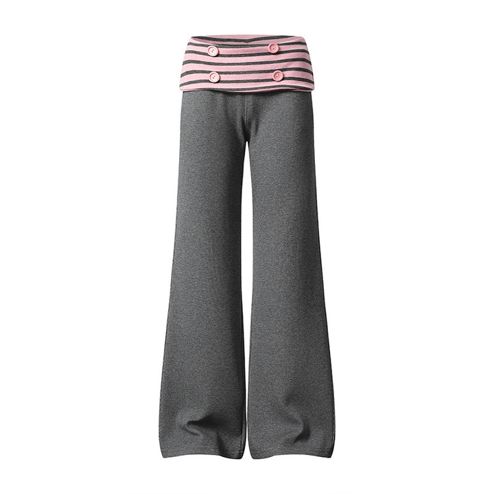 Women's Wide Loungewear Pants with Cuffable Striped Waistband and Decorative Buttons Mune Fashion
