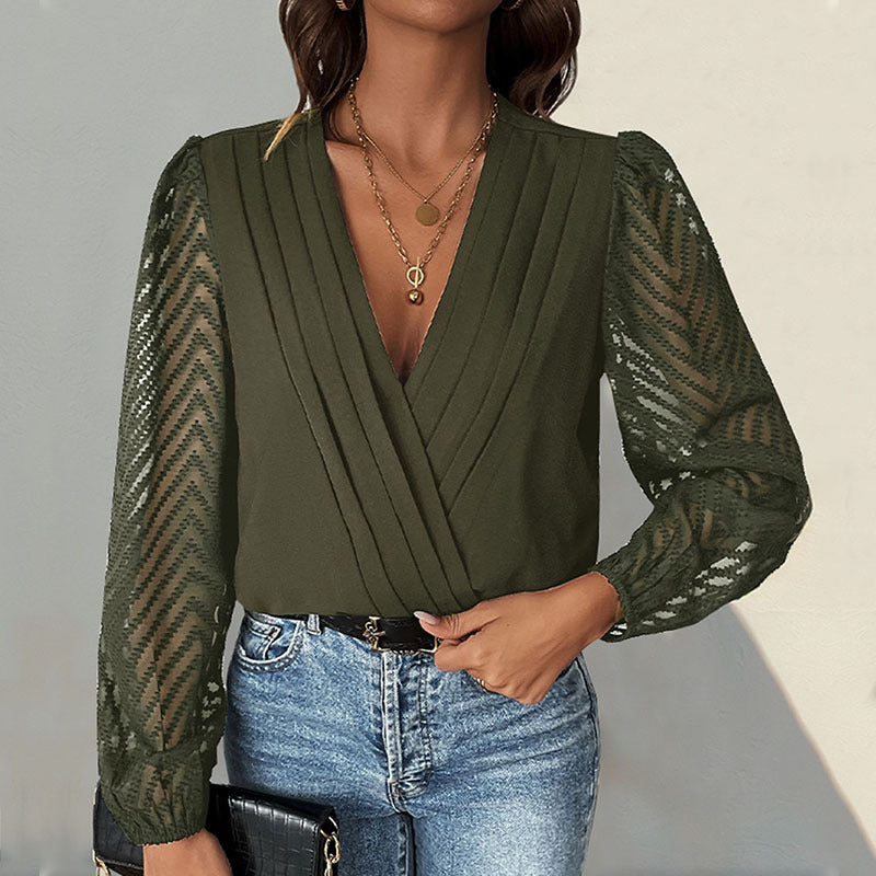 Ladies V-neck blouse with decorative pleated yoke and transparent chevron sleeves Mune Fashion