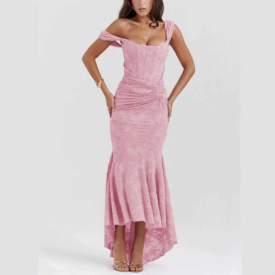 Women’s tight-fitting corset evening dress with integrated boning, ruched wrap design, and floral jacquard texture Mune Fashion