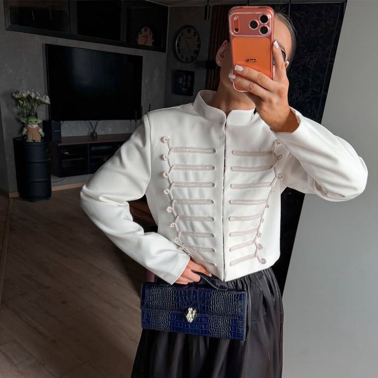 Women Cropped Military Blazer with Stand Collar and Decorative Cord Decoration Mune Fashion