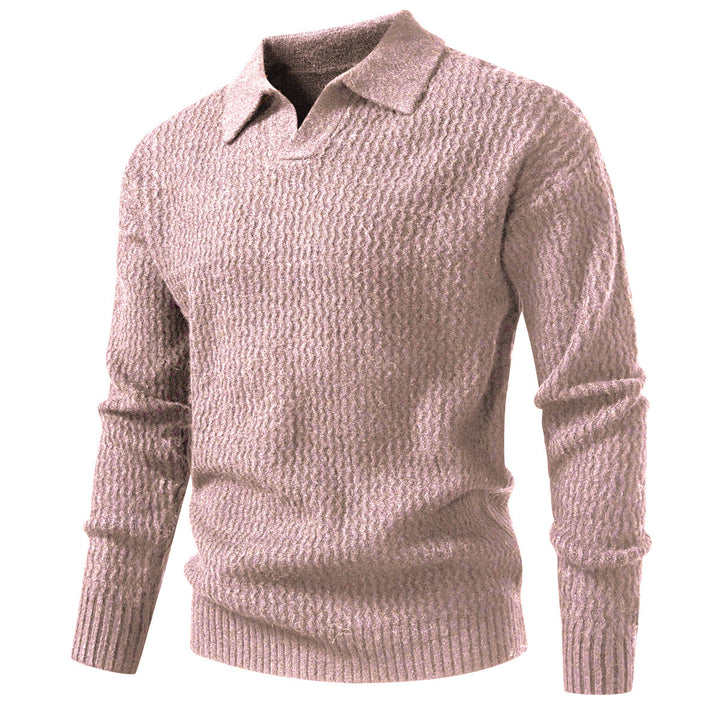Men's polo collar fine knit sweater with textured wave design and ribbed hem Mune Fashion